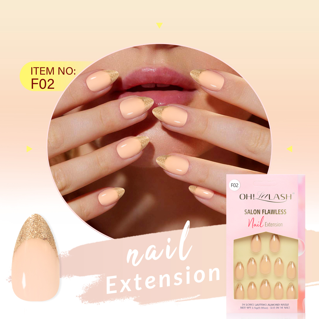 F02 - 24 pieces glossy one step pressed nail set in natural beige color